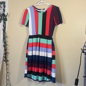 LuLaRoe Multicolor Striped Midi Dress Pleated Waist Pockets Size S